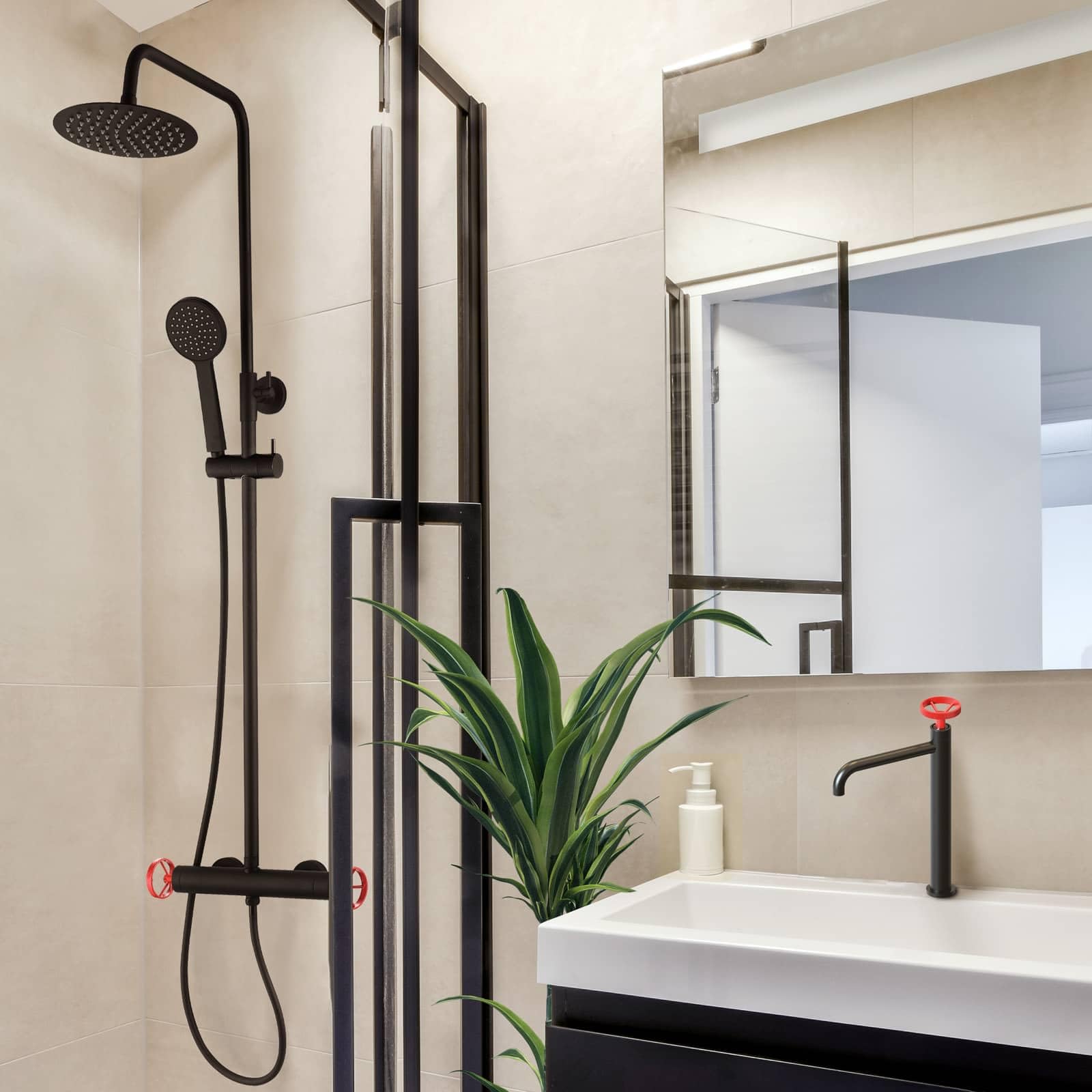 K2O Pack Columna de Ducha 83-119cm y Grifo de Lavabo Monomando 23x6,7x37cm Negro Mate Reguladores Rojos, Latiguillos y Aireador