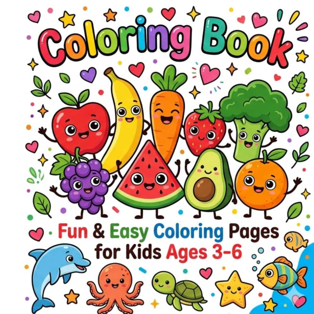 Coloring Book for Ages 3–6: Sea Animals & Healthy Foods