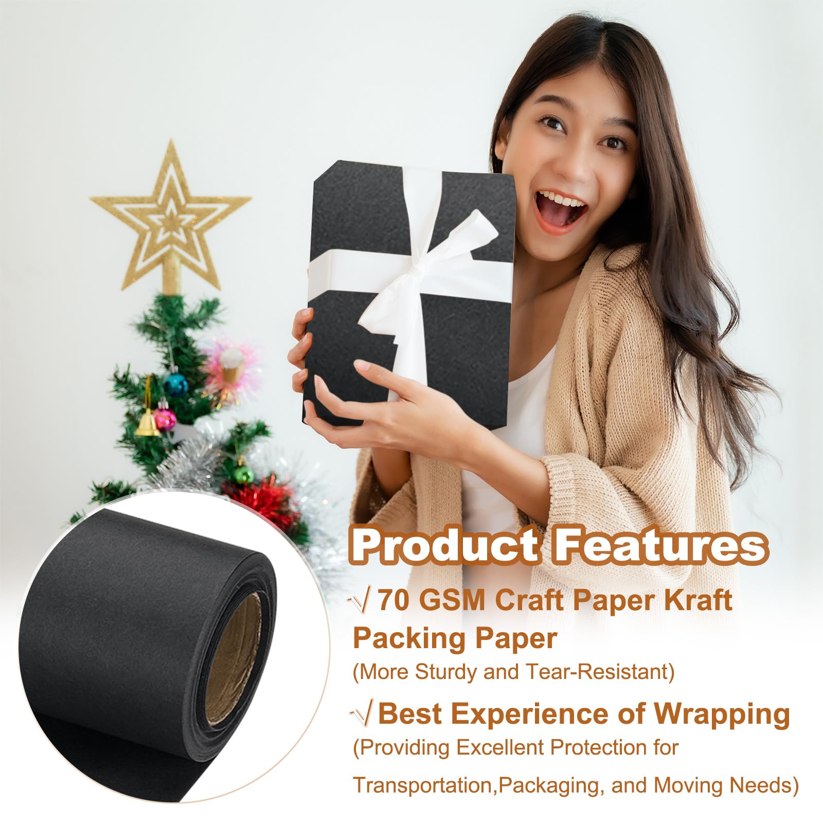 PATIKIL Wrapping Paper, 12" x 300"(25') 70 GSM Craft Paper Roll Kraft Packing Paper for Poster Bulletin Board Gift Wrapping, Black - Image 3