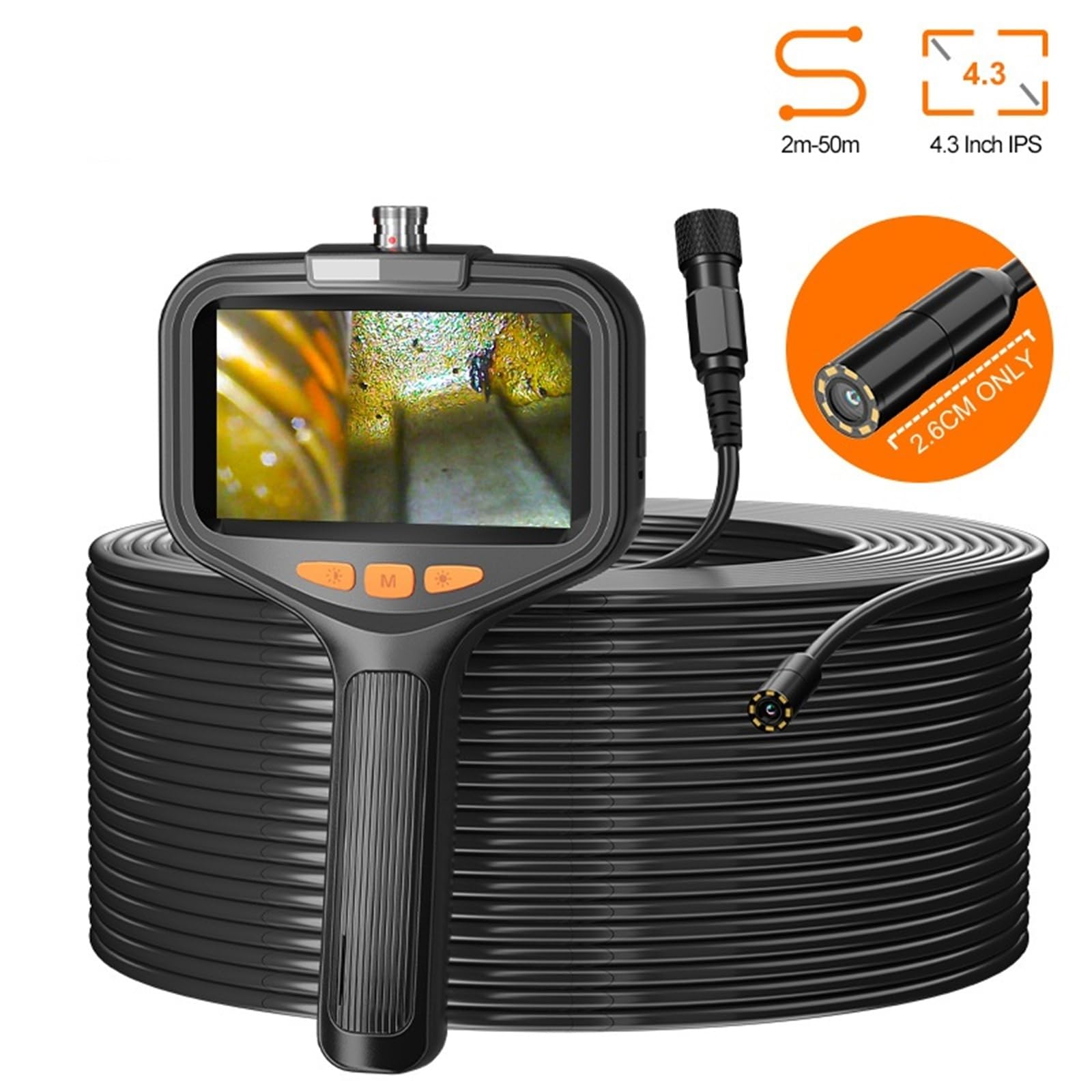 4.3'' Industrial Endoscope Camera 1080P HD 50m Rigid Cable Hand-held Waterproof Borescope Split Design Check Car Sewer(15m,Side 8mm)