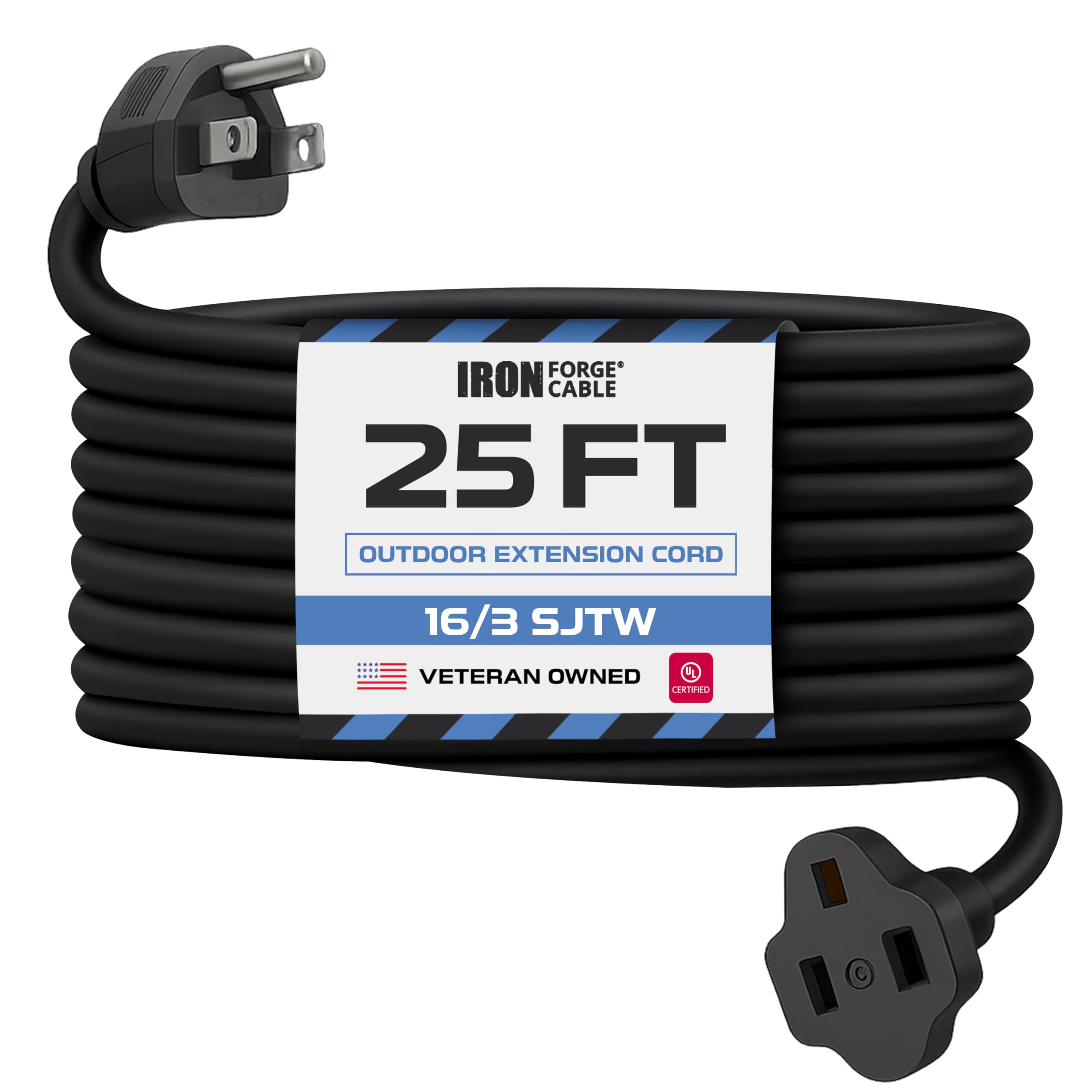Iron Forge Cable Cable de extensión resistente a la intemperie de 25 pies, 16/3 SJTW, cable de extensión negro resistente, 3 clavijas, cable de alimentación exterior de 13 amperios para luces al aire