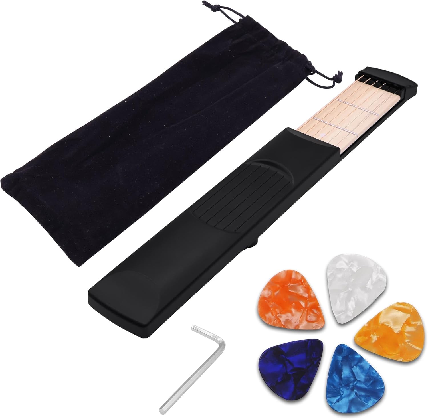 Guitar Practice Tool 6 Strings 6 Fret Portable Guitar Chord for Beginner Trainer Pocket Guitar Practice Neck Come with Tuning Wrench and Velvet Bag for Guitarist Training