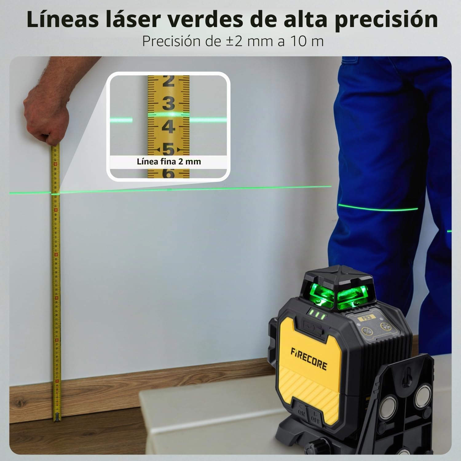 Firecore Nivel Láser Autonivelante 360° x 3, Láser Nivel de Construcción de Alta Precisión ±2 mm/10 m con Batería de Litio Recargable, Alcance de 60 m en Modo de Pulso, Ideal Para Uso en Interiores