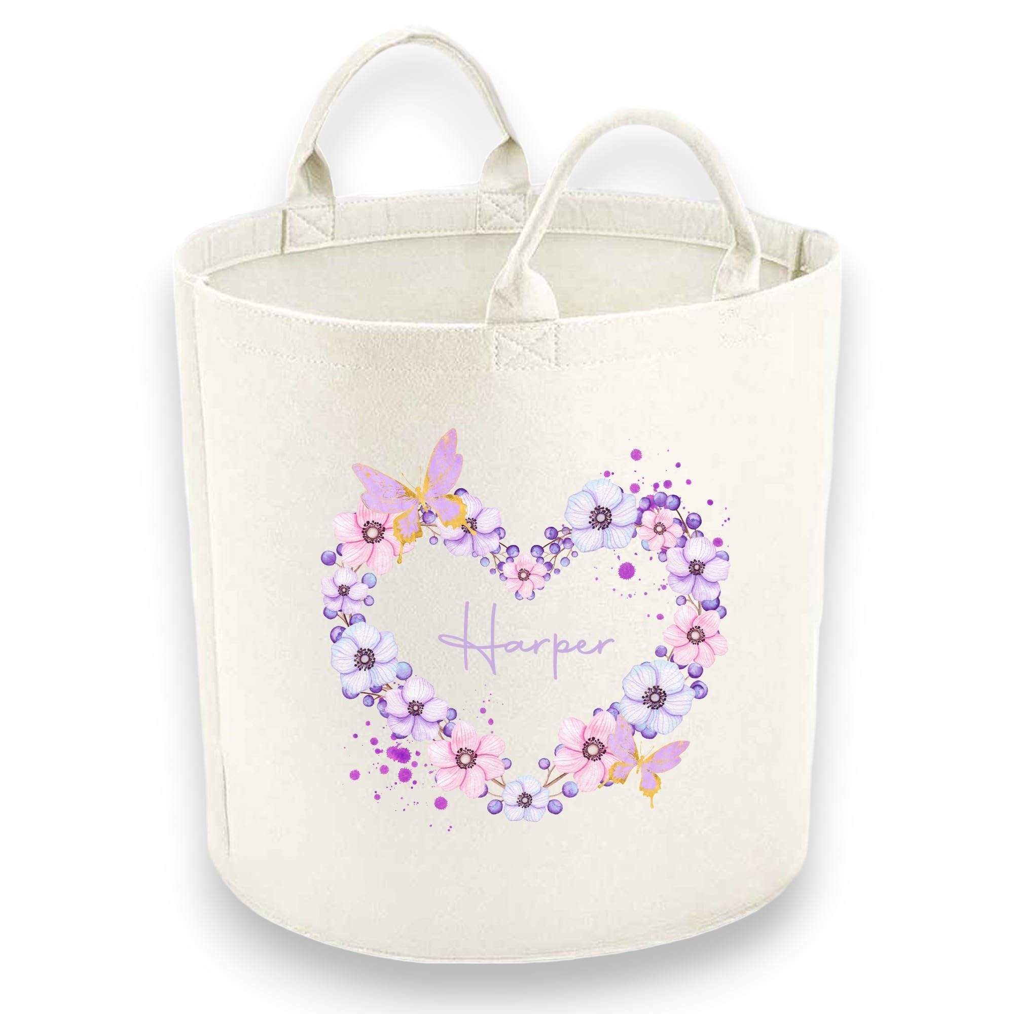 Personalised Child Felt Toy Tub with Butterfly Wreath Print (Various Sizes) (Medium: 40cm x 40cm) Toy Storage Tub | Laundry Basket (Small (30x30cm))