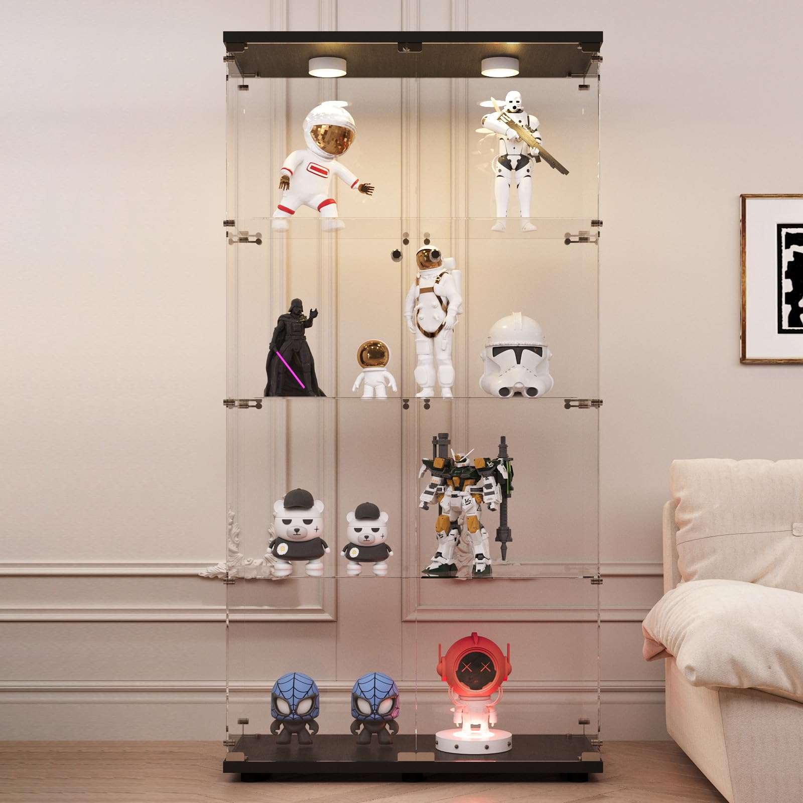 LFT HUIMEI2Y Glass Display Cabinet with LED Lights and Lock, 2 Door Curio Cabinets, Tempered Glass Collection Display Showcase for Bedroom, Living Room 65” Black