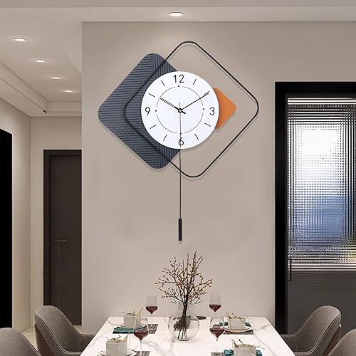 Miniatura 7 de Reloj de pared decorativo grande con péndulo para sala de estar, marco dorado con diseño de diamante, esfera blanca con acento naranja, silencioso