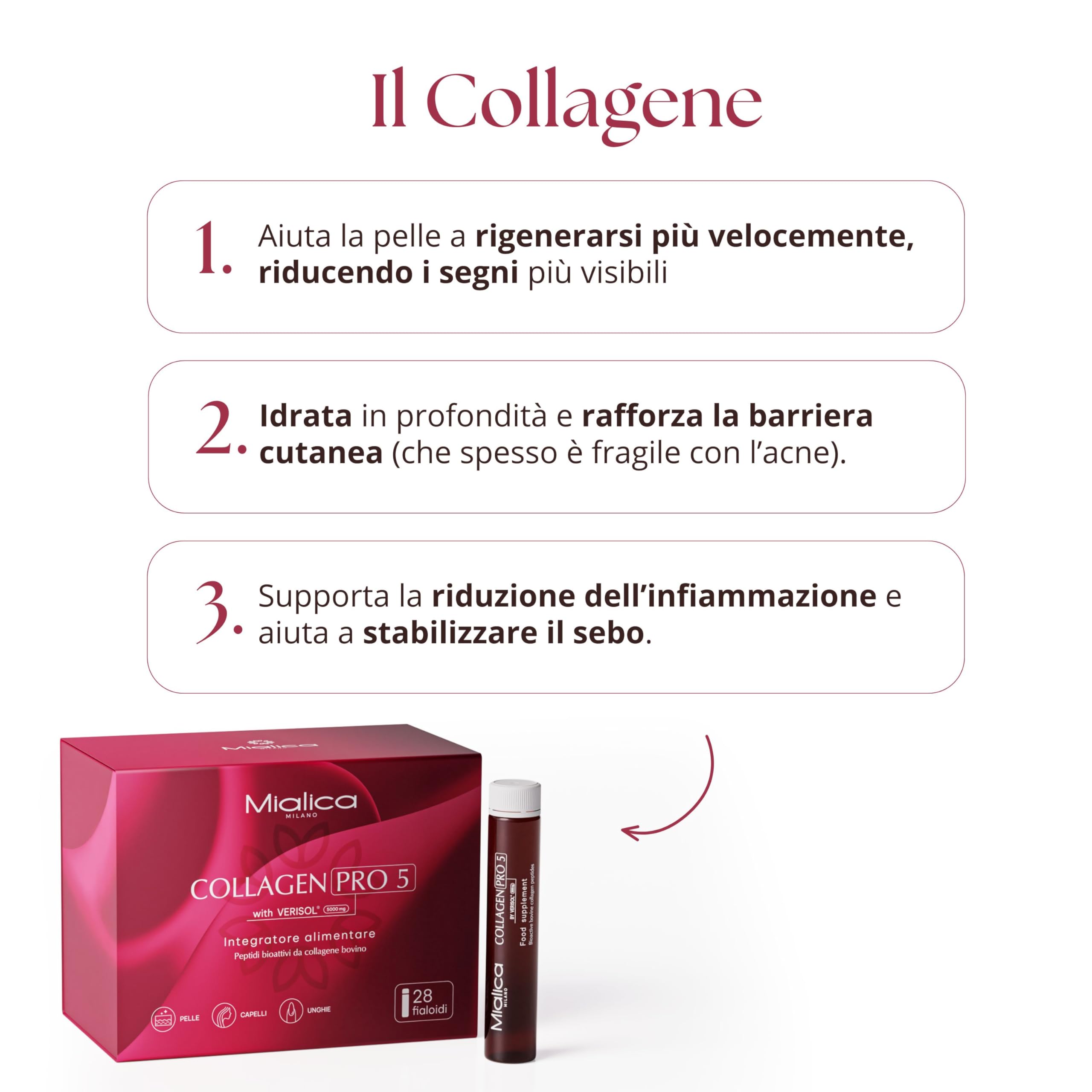 Collagen PRO 5 – Integratore di Collagene Verisol con Vitamina C e 5 Attivi, Supporto per Pelle, Articolazioni e Capelli – Formula Completa Anti-Age - 15 fialoidi