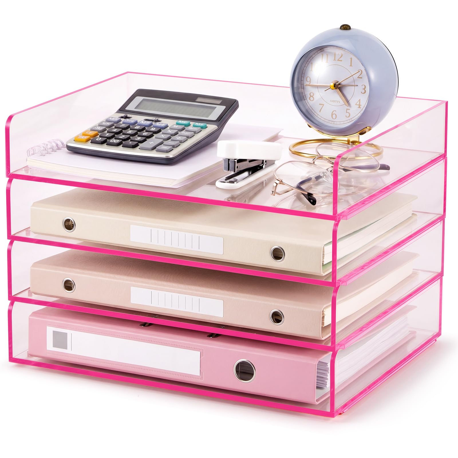 Harloon 4 Tier Clear Hot Pink Acrylic Paper Organizer Letter Tray, Aesthetic Stackable Low Profile Desk File Organizer Modern Heavy Duty Paper Holder Tray for A4, Office Home File Pad Books Notes