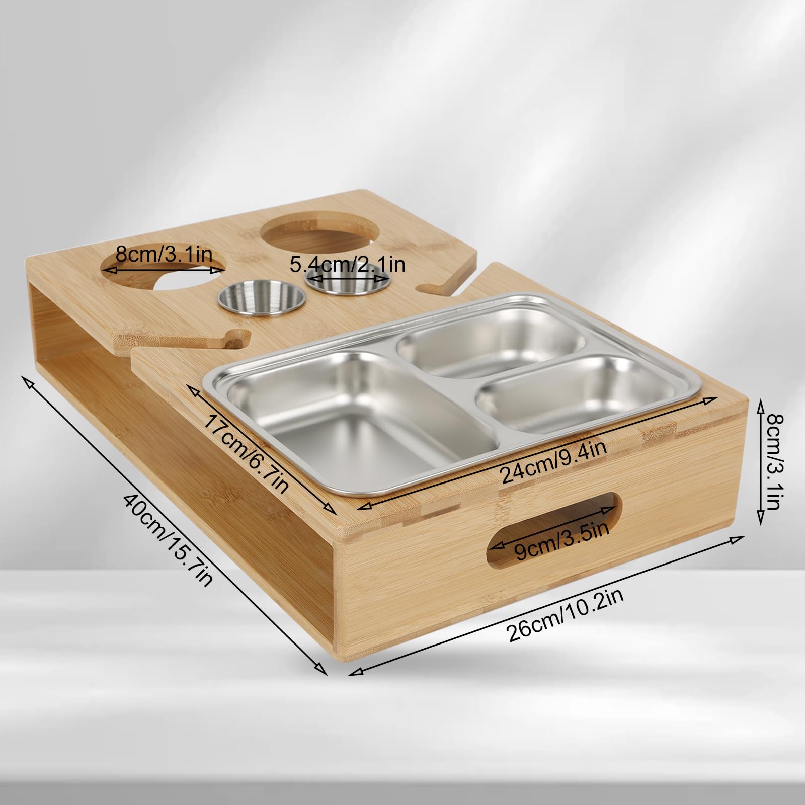 Couchbar Snackbox, Couch Bar mit Edelstahl-Snackschalen & Weinhalter, Snackbar Sofatablett, Holz Couch Snackbox, Weinhalter, Snackspender, Personalisiert Sofa Organizer