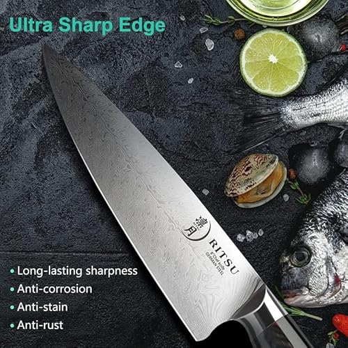 Ritsu Chef Knife,8 Inch German High Carbon Stainless Steel Sharp Kitchen Knife, Damascus Pattern Japanese Chef Knife With Ergonomic Handle For Home Kitchen Restaurant Send Elegant Gift Box #TOP4
