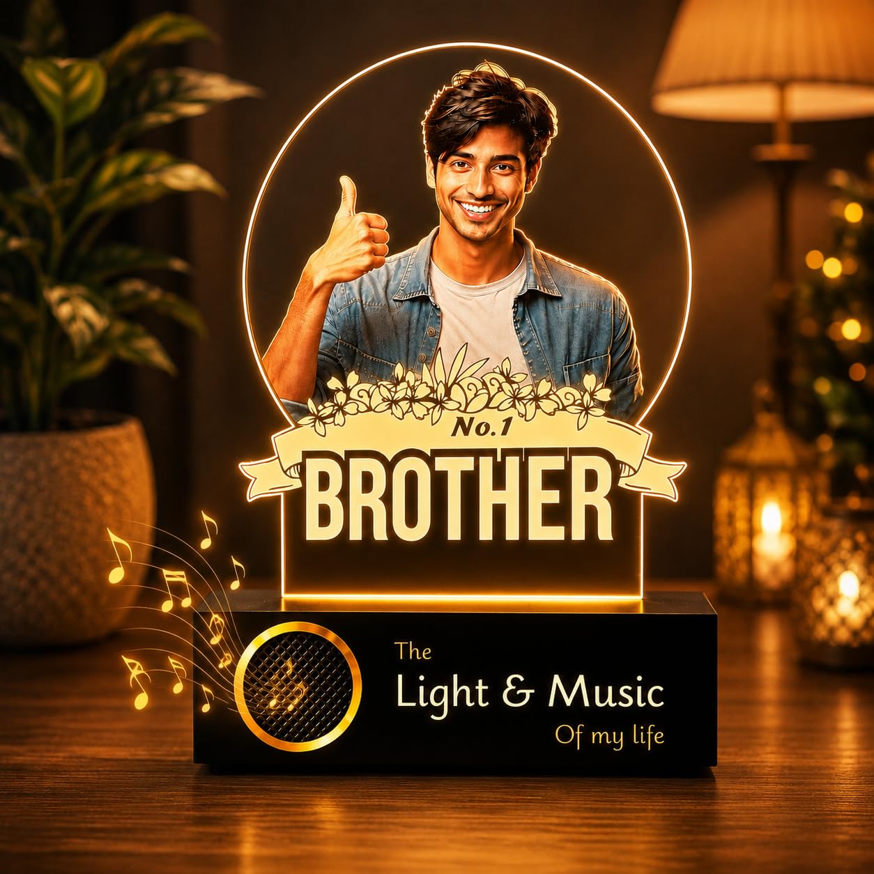 ZOCI VOCI Personalized No.1 Brother Custom UV Printed LED Photo Lamp, Warm White Acrylic Night Lamp with Wooden Base, Customized Rakshabandhan Gift for Brother
