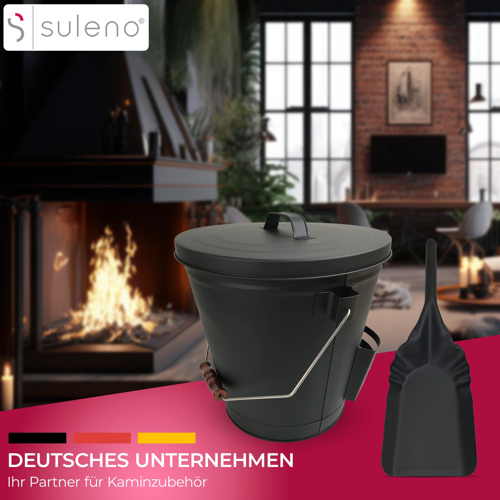 SULENO Ascheeimer Boston, 19L Kohleeimer, Inkl. Deckel, Schaufel &, Schwarz