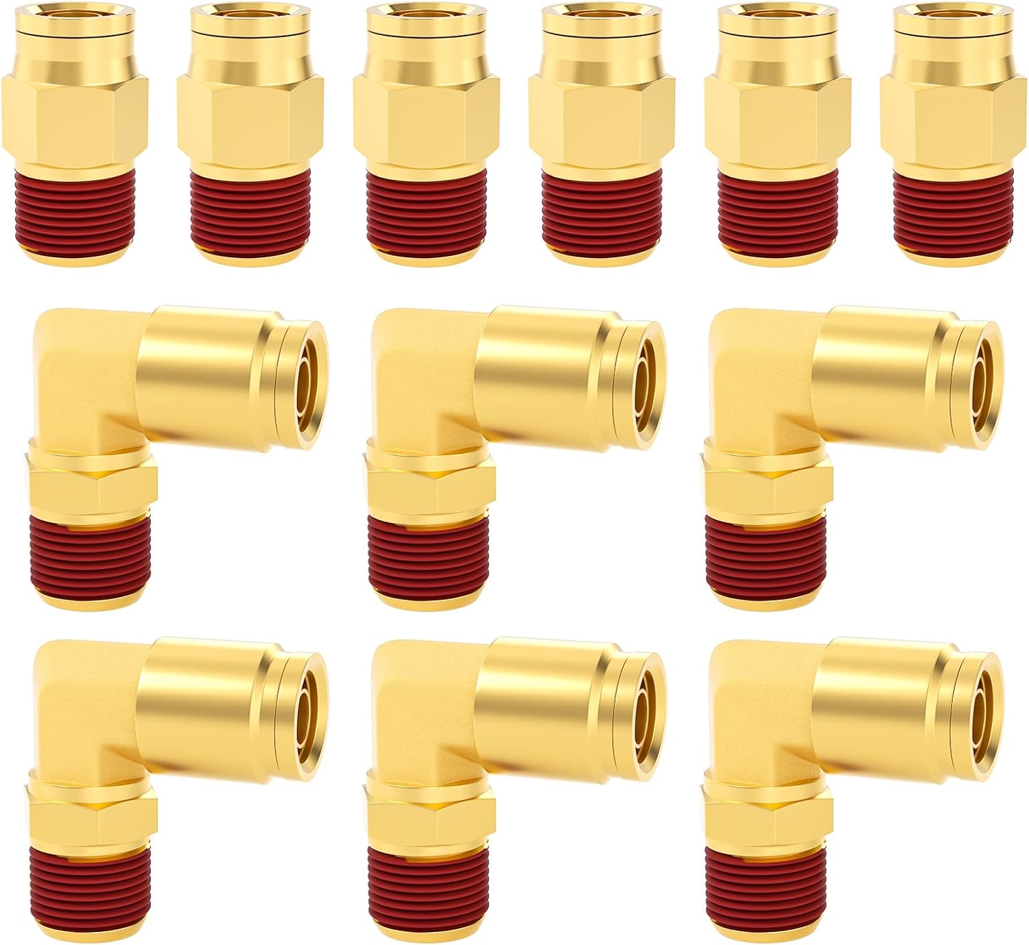 TAILONZ PNEUMATIC DOT Brass Elbow and Straight Combination 3/8"OD x 1/4"NPT Thread Push to Connect Fittings Air Brake Pipe Fittings for Cars, Trucks, Air Brake Systems, Etc. (Pack of 12)
