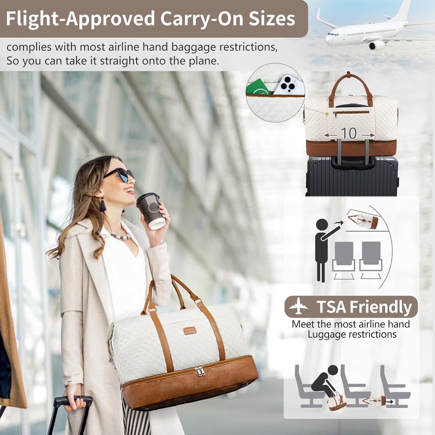 Stuery Travel Bags for Women: 21" Large Weekender Bags for Women with Shoe Compartment, Overnight Duffel Tote for Carry on Weekend Travel Business Trip Airplane Traveling, Gym (White Brown)