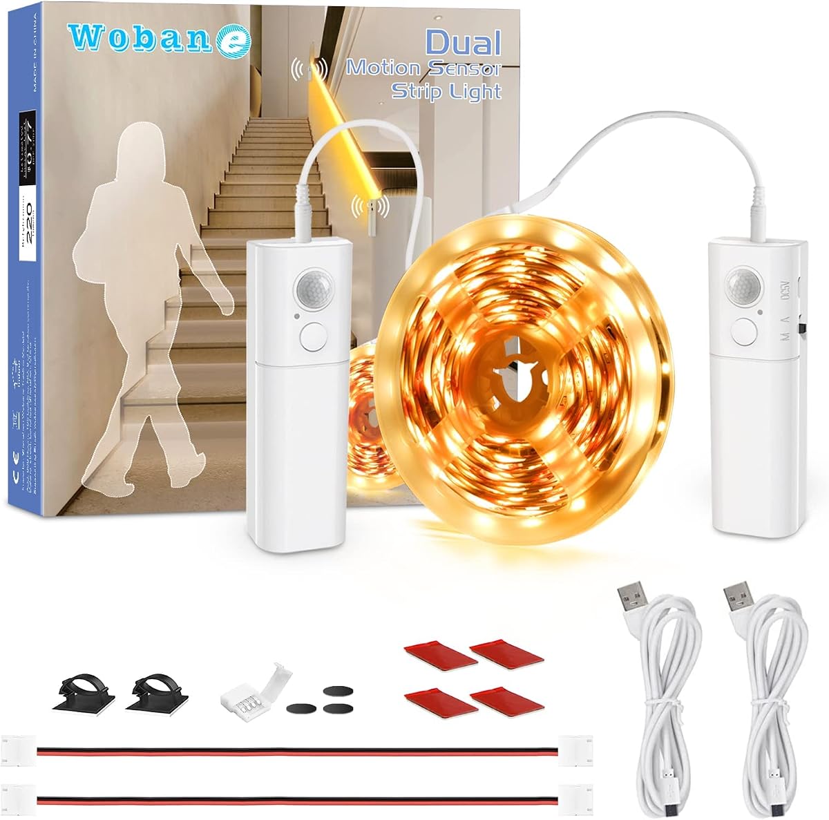 WOBANE 16.4ft Dual Motion Sensor Under Bed Lights,Rechargeable LED Strip | Battery Powered Tape Light for Shelves,Cabinet,Stair,Anywhere,PIR Detector,Cuttable,Flexible,2700K Warm White