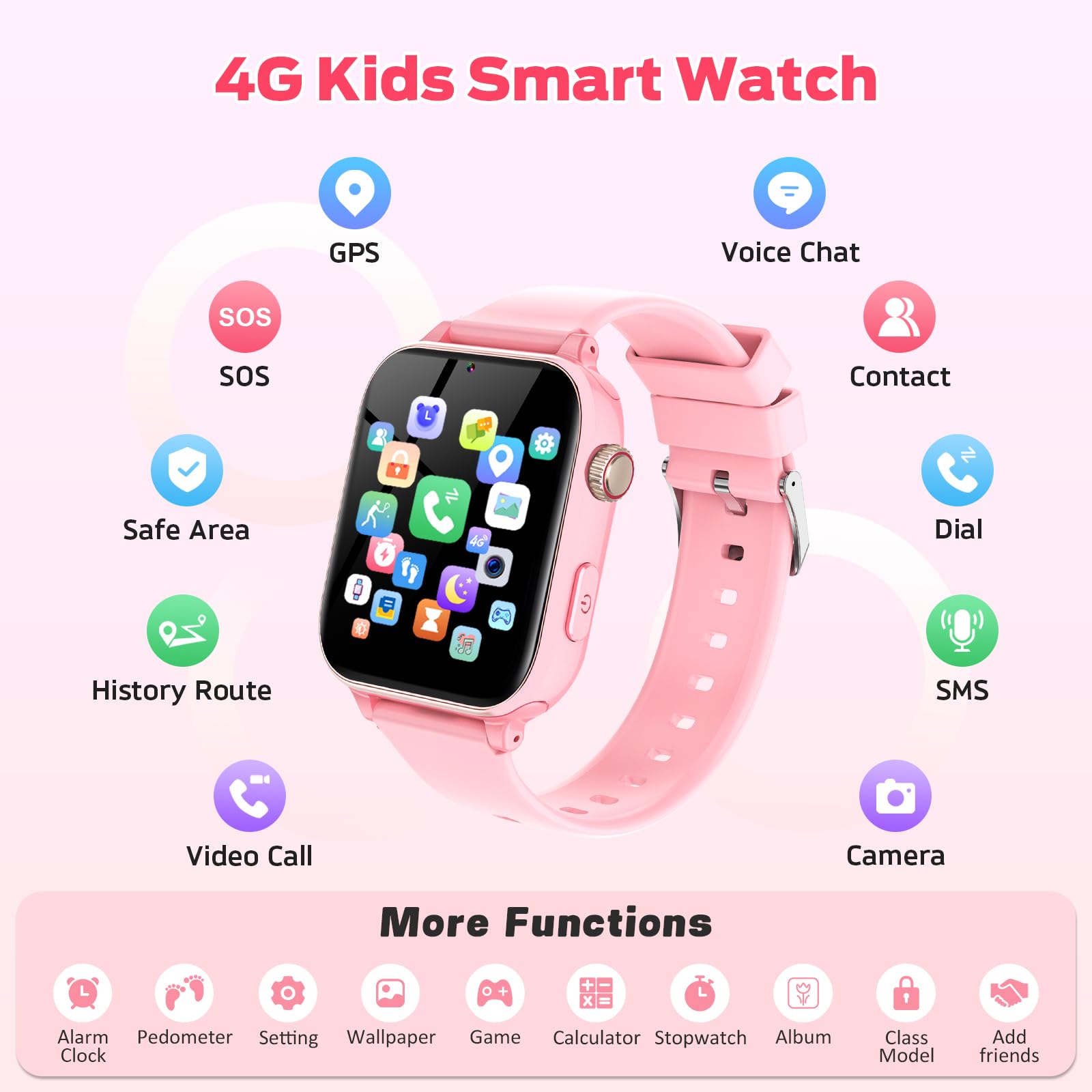 4G Smartwatch Kinder, Kinder Telefonuhr mit Videoanruf, Voice Chat, GPS, SOS, Schulmodus, Wecker, Schrittzähler, Spiele, Smart Watch für Jungen Mädchen Kinderuhr Geschenke 4-12 Jahren (Orangerosa)