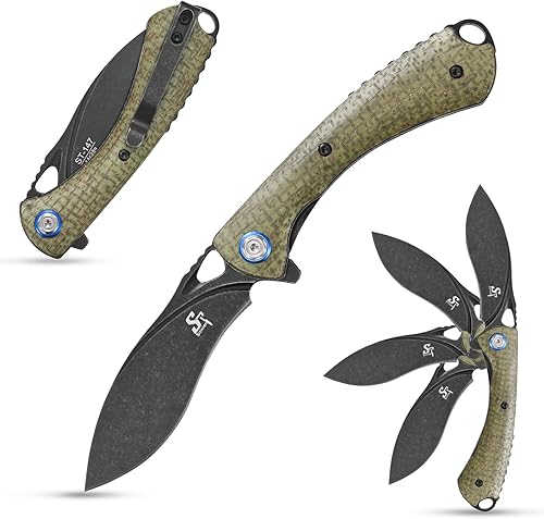 Miniatura 1 de Sitivien ST147 - Cuchillo de bolsillo plegable, hoja de acero 14C28N lavada a la piedra negra con mango de micarta, cuchillo de herramienta EDC para