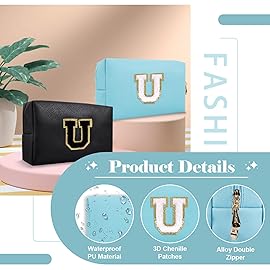 Small Personalized Initial A-Z Preppy Patch Makeup Bag,PU Chenille Letter Travel Cosmetic Pouch with Zipper,Blue Cute Toiletry Bag,Gift Ideal for Teen Girls Women Teacher Bridesmaid,Letter U