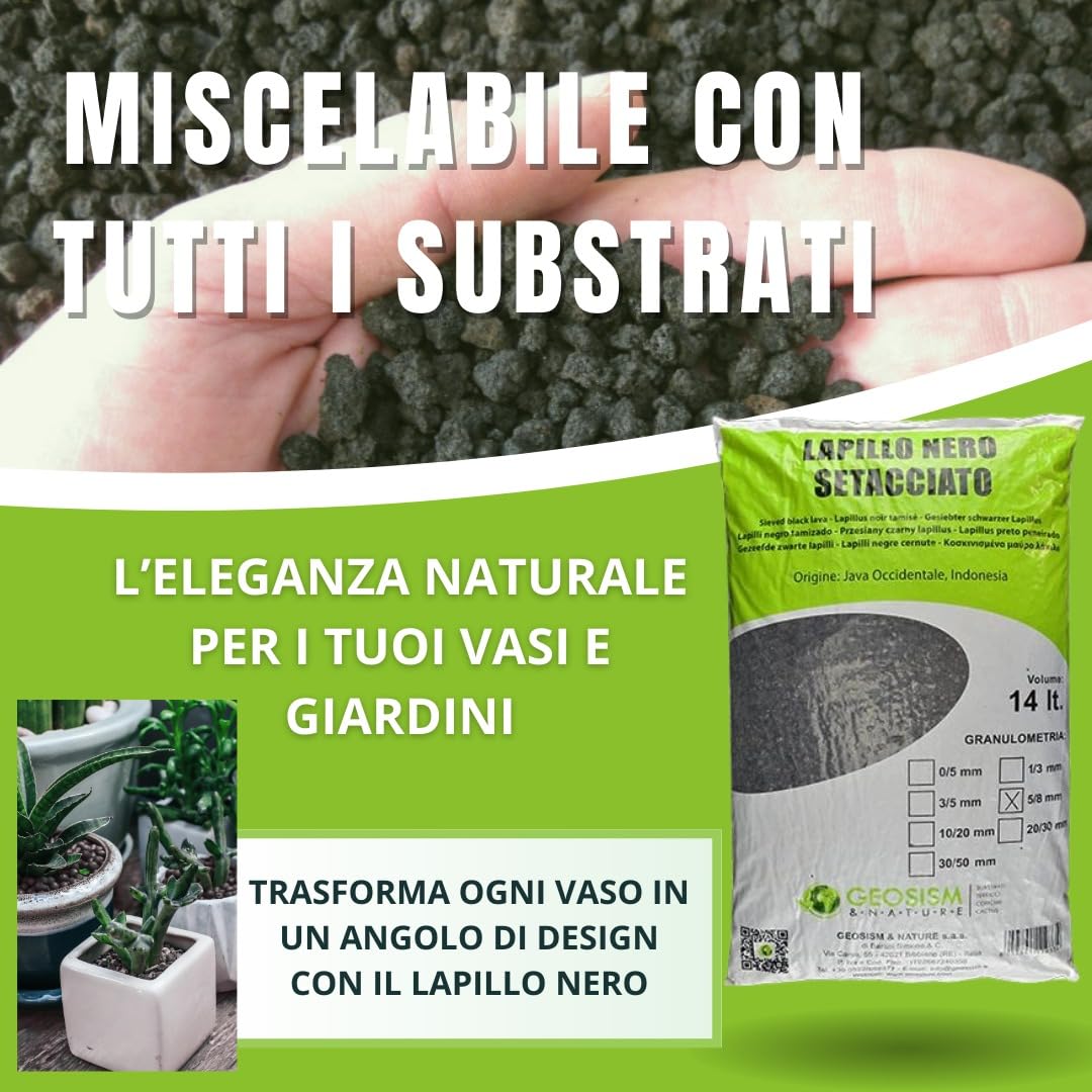 GEOSISM & NATURE - Lapillo vulcanico nero setacciato, granulometria fine, 100% naturale, per giardinaggio, drenaggio, pacciamatura, vasi e terrari (30/50 mm - Singolo da 14LT)