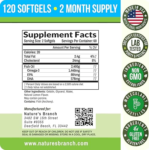 Miniatura 6 de Las mejores píldoras de aceite de pescado Omega 3 de triple fuerza 2400 mg de sabor a limón sin burbujas de alta potencia 864 mg de EPA 576 mg DHA