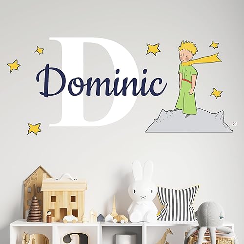 EGD Decoración de pared personalizada con nombre y inicial de El Principito y las Estrellas, calcomanías de pared con nombre personalizado para la