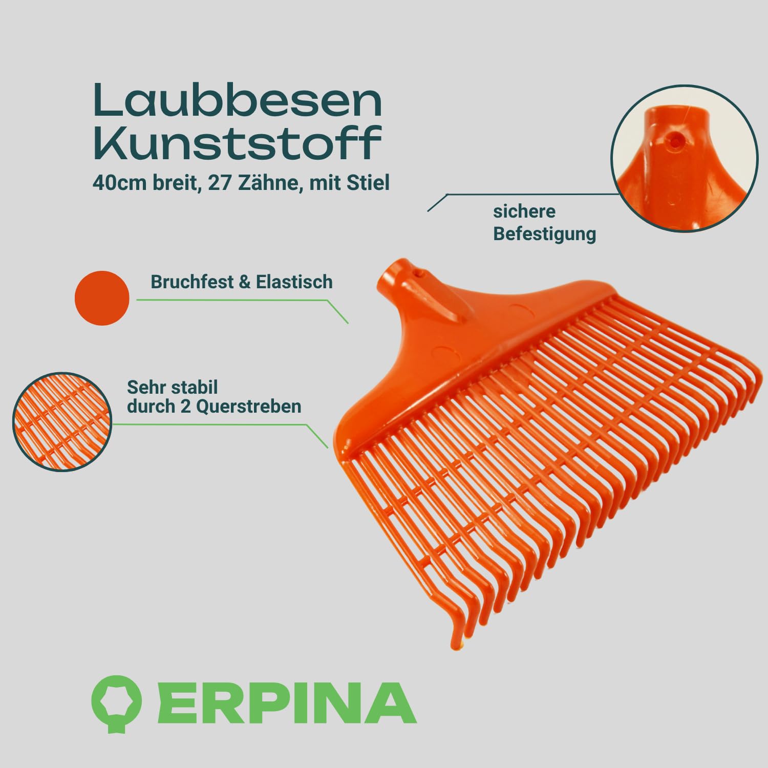 5er Pack Laubbesen 40cm breit + 160cm Stiel robuste Harke, Rechen mit Kunststoffkopf, Profiqualität für effizientes Laubentfernen ideal für Gartenbesitzer, Landwirte & Tierhalter Gartenrechen