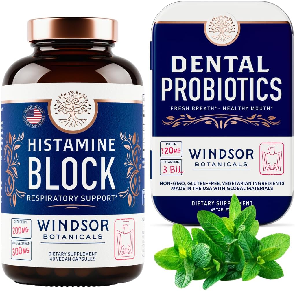 WINDSOR BOTANICALS Histamine Block Capsules and Dental Probiotics for Teeth and Gums – Allergy and Oral Health Bundle