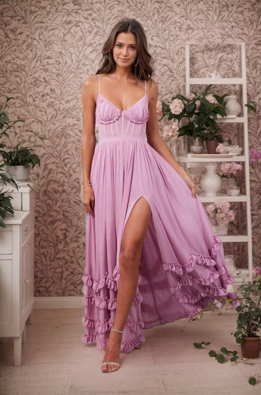 Floral Chiffon Long Bridesmaid Dresses for Women A Line V Neck Formal Evening Gowns with Slit Ruffle Prom Dress - Image 4