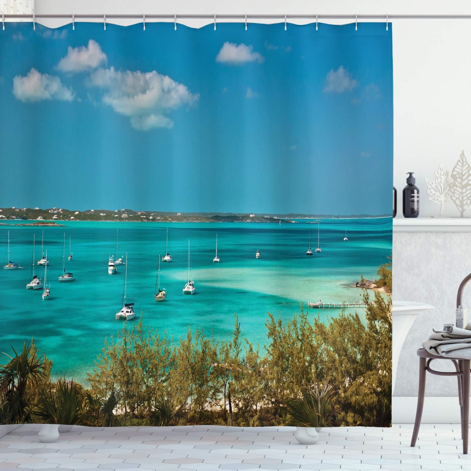 Ambesonne Sailboat Shower Curtain, Sailboats and Power Boats Anchored in Crystal Clear Waters of The Bahamas, Cloth Fabric Bathroom Decor Set with Hooks, 69" W x 70" L, Green Teal
