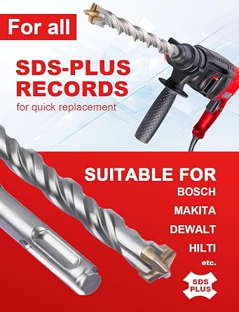 ZKH 10 Pcs SDS Plus Bits Set, (3/16'',1/4'',5/16'',3/8,1/2), Carbide Tipped(YG8, Rotary Hammer Drill bits for Concrete, Cement, Stone, Brick, Ceramic Pots & More