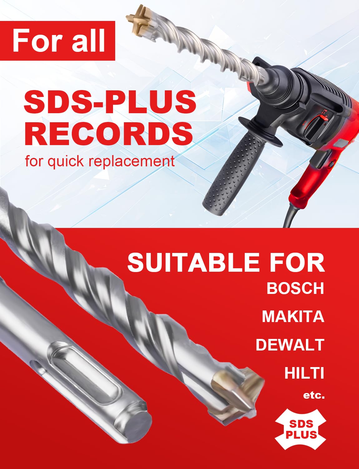 ZKH Set di 10 punte SDS Plus (3/16", 1/4", 5/16", 3/8", 1/2"), punte in carburo (YG8), punte per trapano per calcestruzzo, cemento, pietra, mattoni, vasi in ceramica e altro ancora