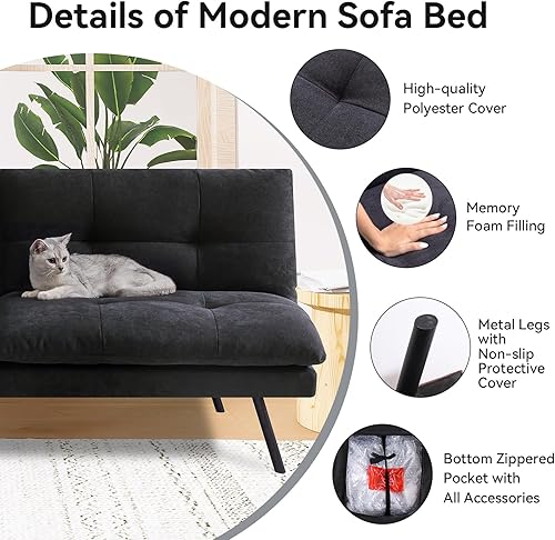 Miniatura 3 de Hcore Sofá cama futón, futón sin brazos, sofá cama pequeño de poliéster con respaldo dividido de espuma viscoelástica, sofá cama para espacios