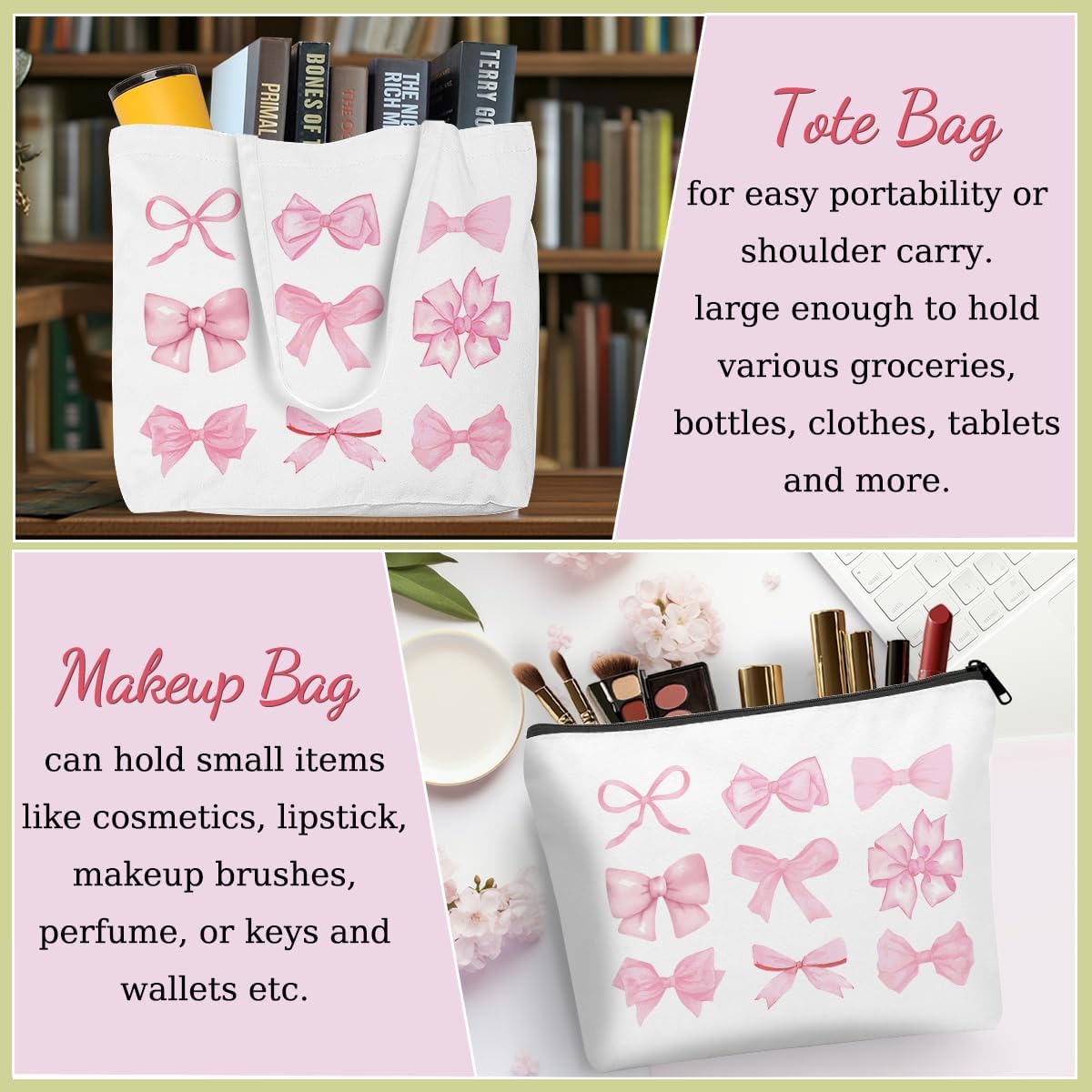 Preppy Coquette Pink Bows Canvas Tote Bag Cosmetic Bags Set, Preppy Stuff, Cute Aesthetic Gifts for Women Teen Girls Bestie Friend Nurse Day Graduation Reusable Shopping Grocery Bags Travel Makeup Bag - Image 2