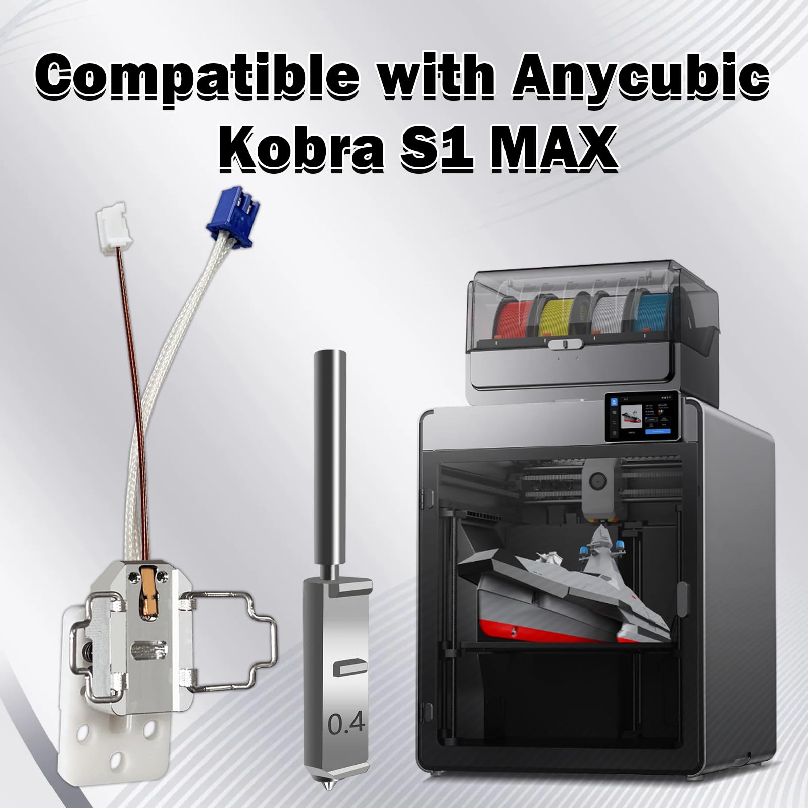 2 ugelli in acciaio temprato Kobra S1 Max da 0,4 mm e 1 gruppo di riscaldamento | Elemento riscaldante a cambio rapido, estrusore con 2 custodie protettive in silicone per stampante 3D Anycubic