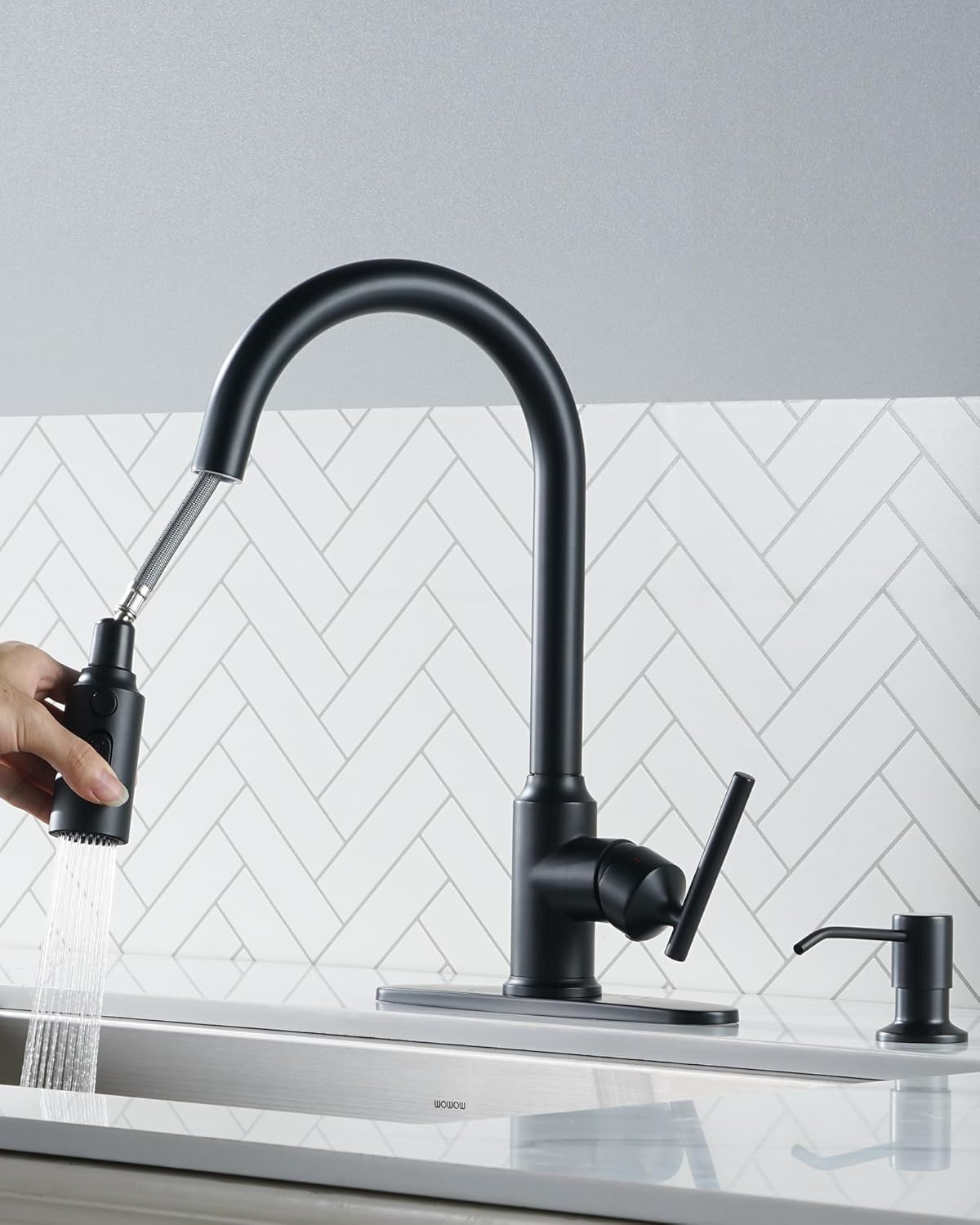 WOWOW Kitchen Faucet Head Replacement Matte Black, 3 Function Pull Out Spray and Kitchen Faucets with Pull Down Sprayer, Matte Black Kitchen Faucet with Sprayer