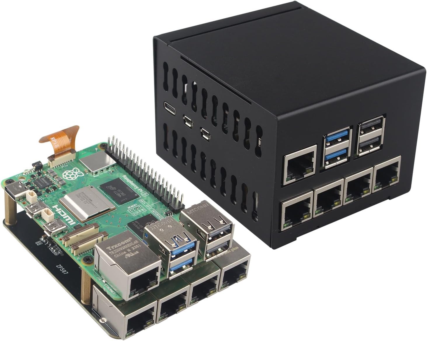 ZDE ZP597 PCIe to 4 Ports 1G Gigabit 1000M Ethernet Network HAT Adapter Expansion Board 1GB 1GBE with Metal Case for Raspberry Pi 5 2GB 4GB 8GB 16GB