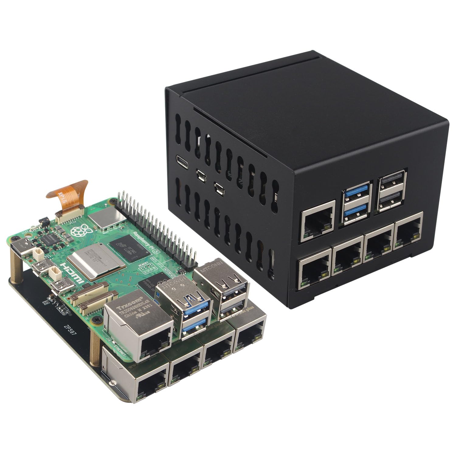 ZDE ZP597 PCIe to 4 Ports 1G Gigabit 1000M Ethernet Network HAT Adapter Expansion Board 1GB 1GBE with Metal Case for Raspberry Pi 5 2GB 4GB 8GB 16GB