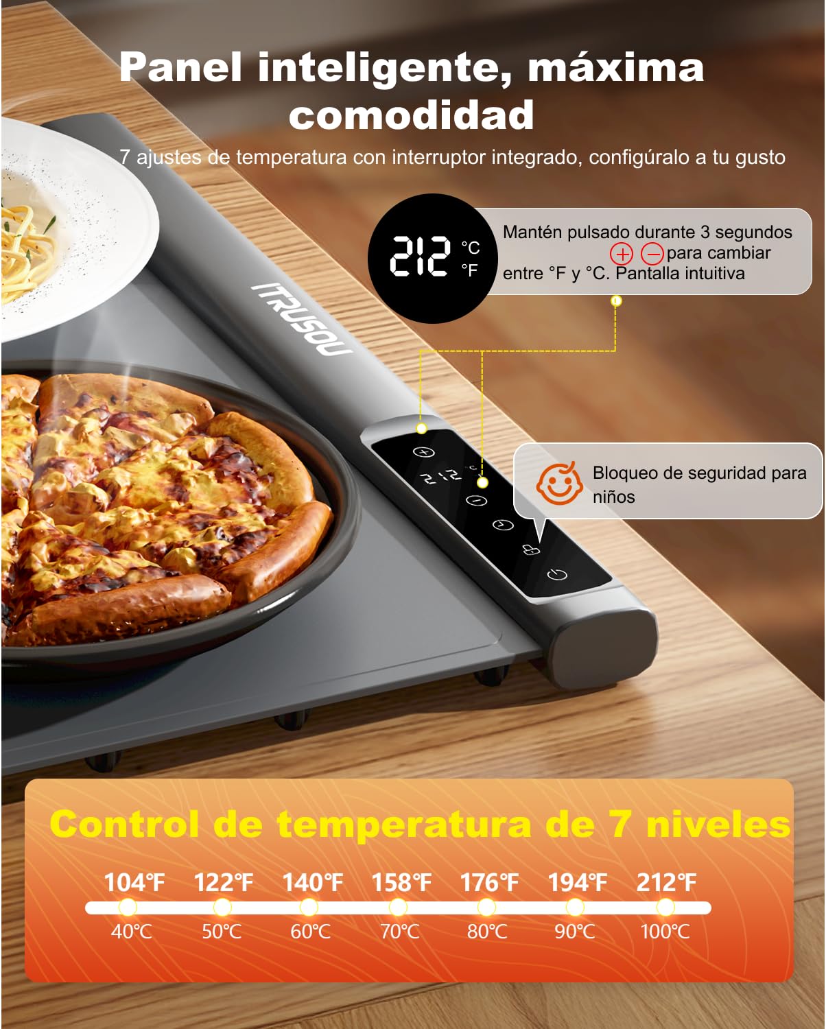 Alfombrilla térmica extensible de silicona 106x40 cm – 7 ajustes de temperatura, conmutable ℃/℉, temporizador 99H, bloqueo infantil – 2 paneles tamaños personalizables para eficiencia energética