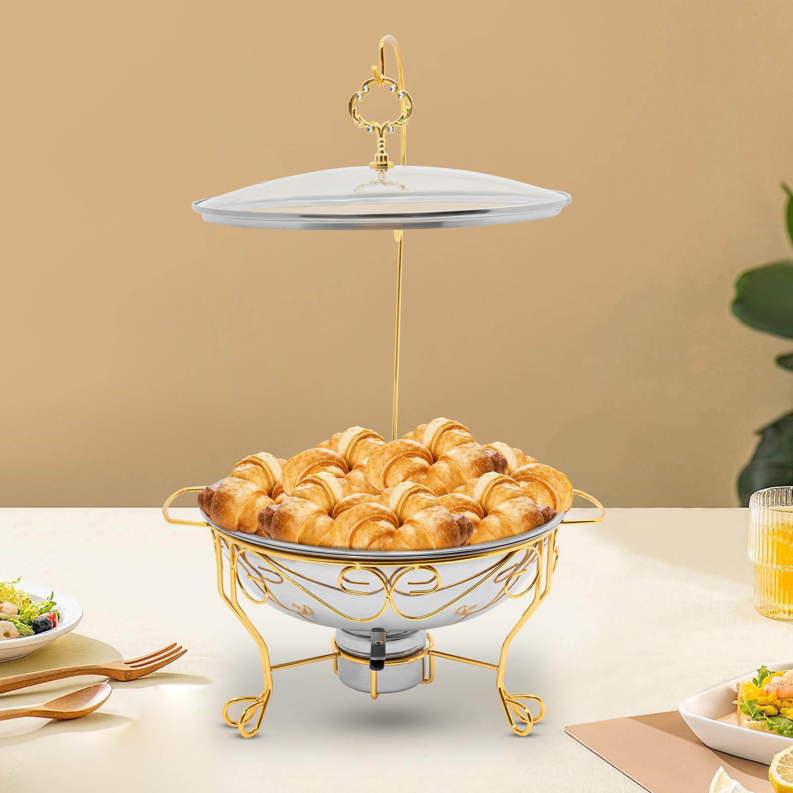 Set chafing dish rotondo da 6 litri con base in acciaio inossidabile, contenitore per mantenere il cibo caldo, coperchio e manico isolante, riscaldamento a lampada ad alcool, per buffet, feste