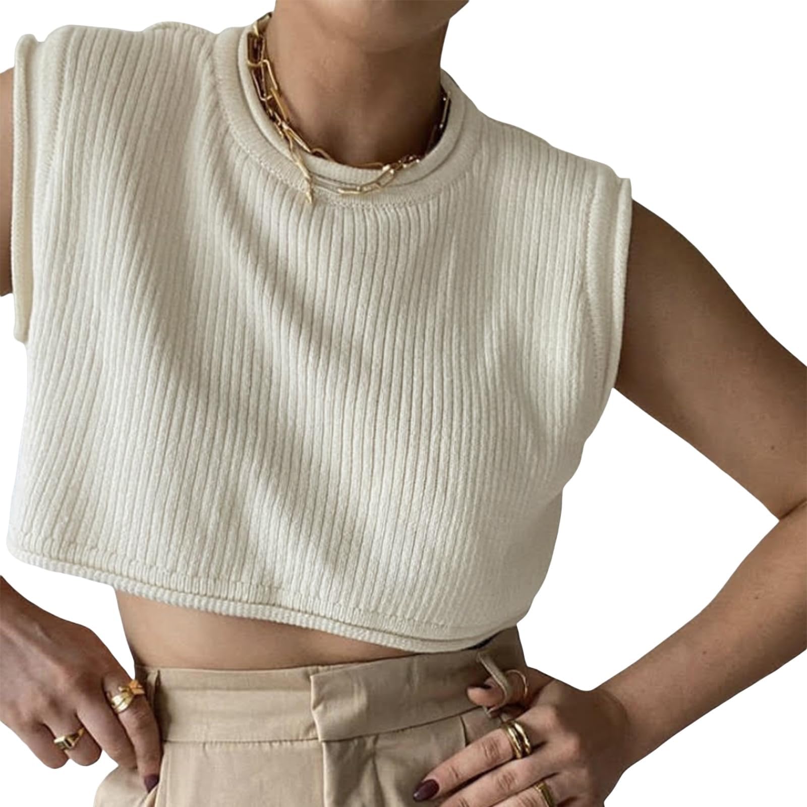 Y2K Pull tricoté sans manches à col rond côtelé pour femme Coupe ample Gilet court nu en tricot sexy sans manches Streetwear
