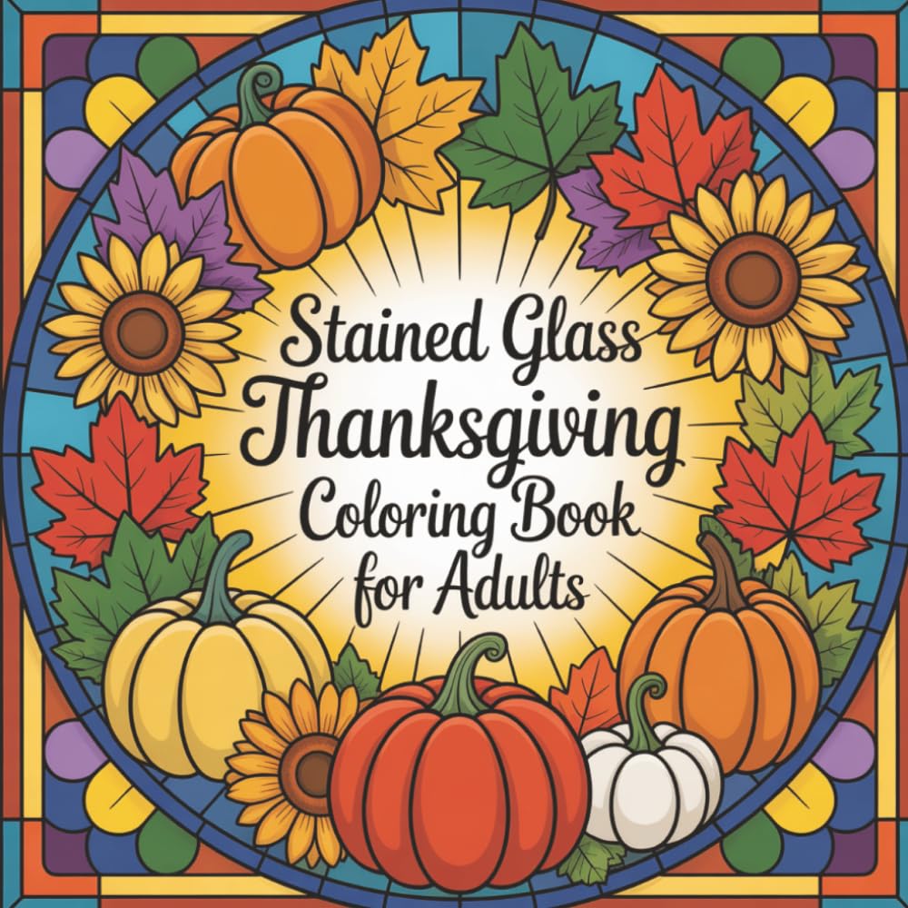 Stained Glass Thanksgiving Coloring Book for Adults: 108 Festive Stained Glass Designs Featuring Pumpkins, Turkeys, Autumn Animals & Harvest Scenes | ... Coloring for Stress Relief and Creative Joy