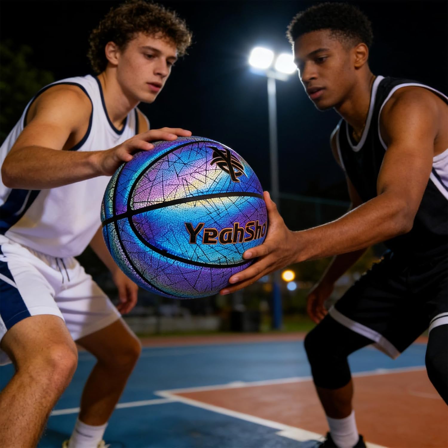 Holographic Basketball Size 7, Glowing Leather Basketball with Pump, Indoor Outdoor Night Basketball Gifts (29.5in)