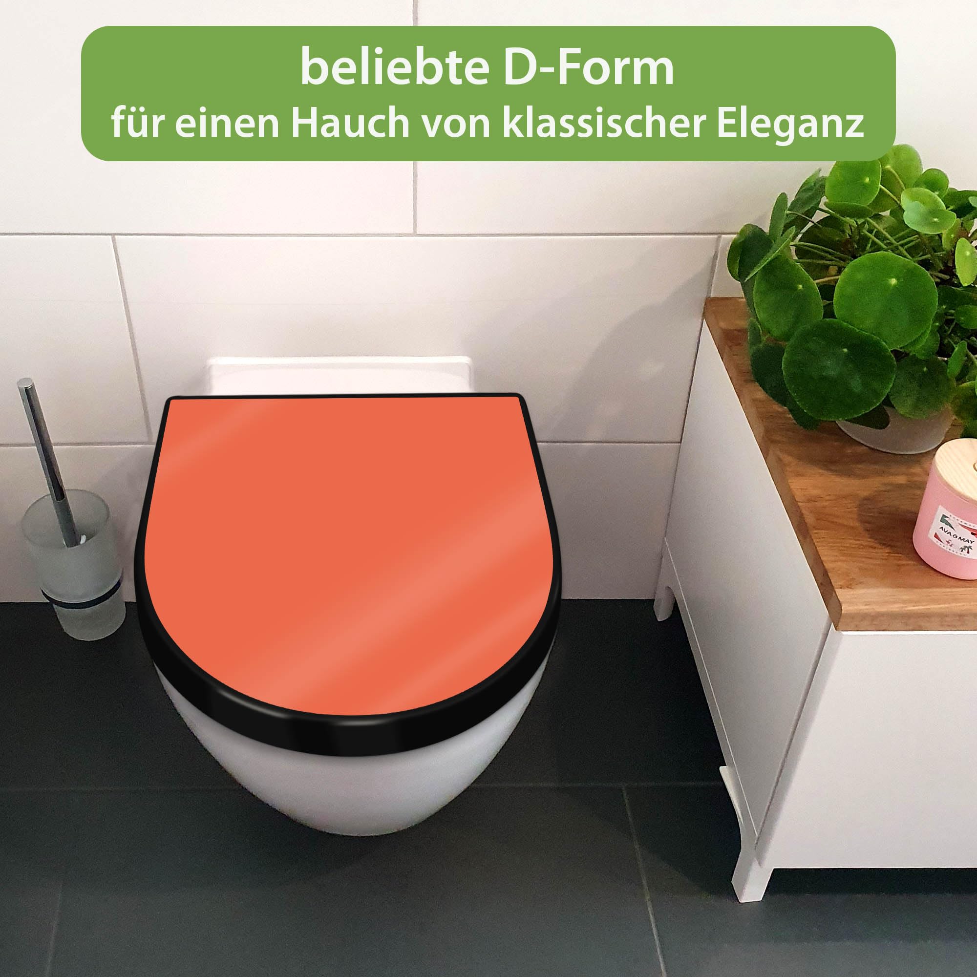 banjado WC Sitz mit Absenkautomatik D Form - Toilettendeckel mit Absenkautomatik D Form - Klodeckel Softclose - stabile Klobrille - Toilettensitz Schwarz - Farbe Orange