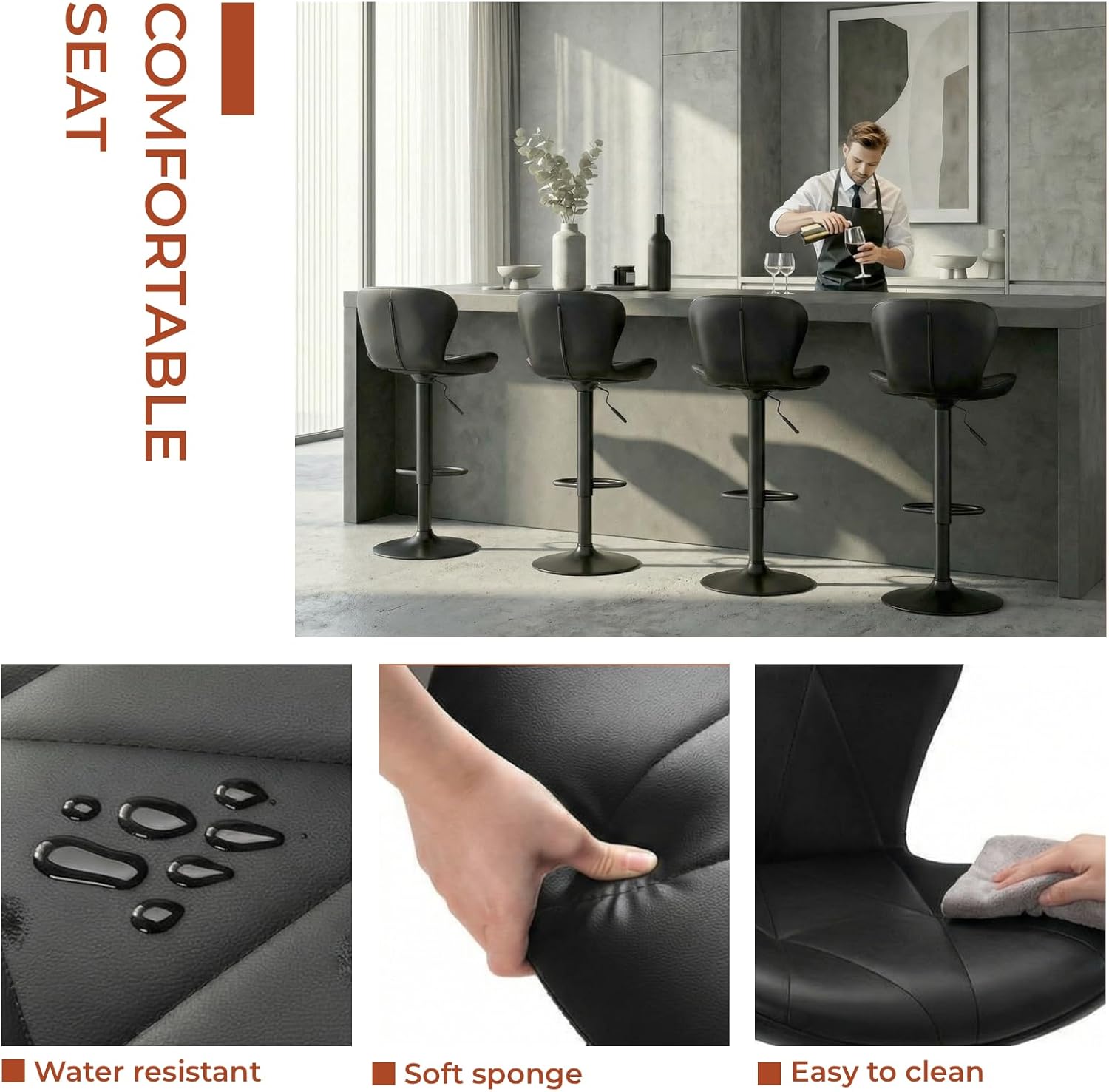 TLSUNNY Bar Stools Set of 2/4, Adjustable PU Leather Swivel Bar Chairs, Barstools Counter Height with High Backrest and Footrest, Upholstered Bar Stool for Bar Kitchen Dining Room (4pcs, Black)