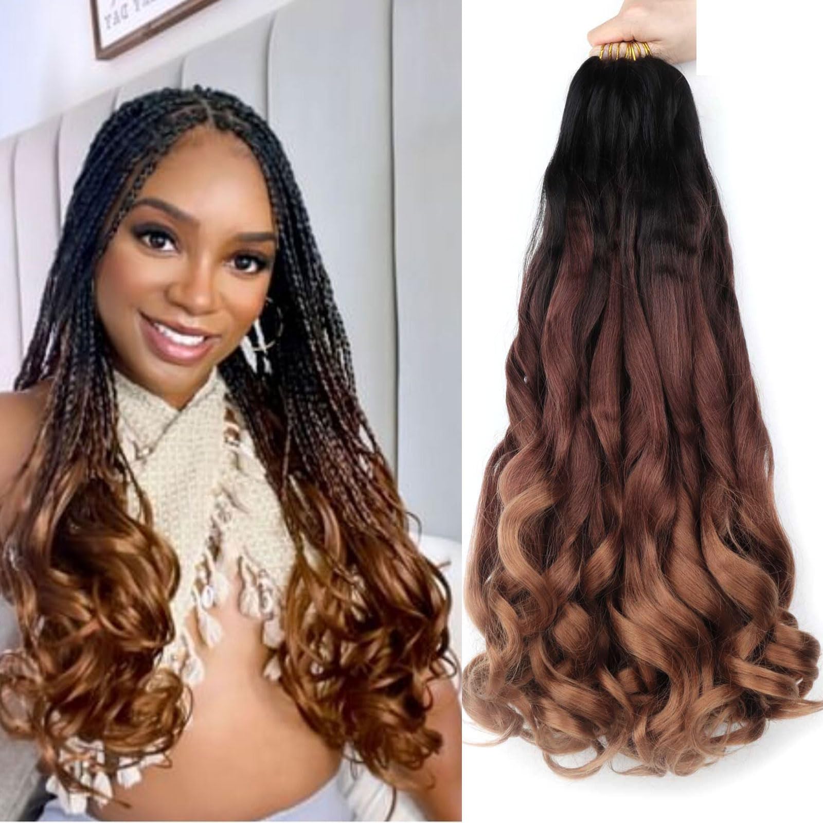 LMZIMBouncy Braiding Hair 9 Pack French Curles Synthetic Hair Extensions 22 inch Pre Streched Premium Wavy Braiding Hair (22Inch (Pack of 9), 1b/33/30)