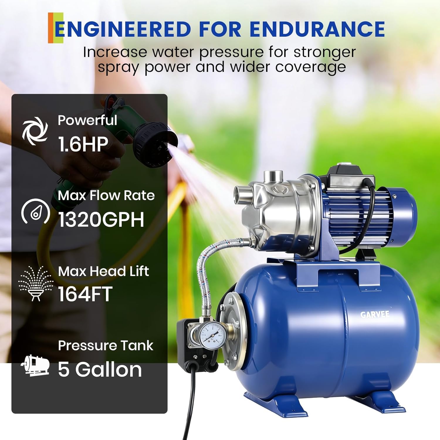 Garvee 1.6 HP Shallow Well Pump with Pressure Tank, 1320 GPH, Water Jet Irrigation Pump, Automatic Pressure Switch, Stainless Steel, for Home, Farm, Garden & Yard, Blue