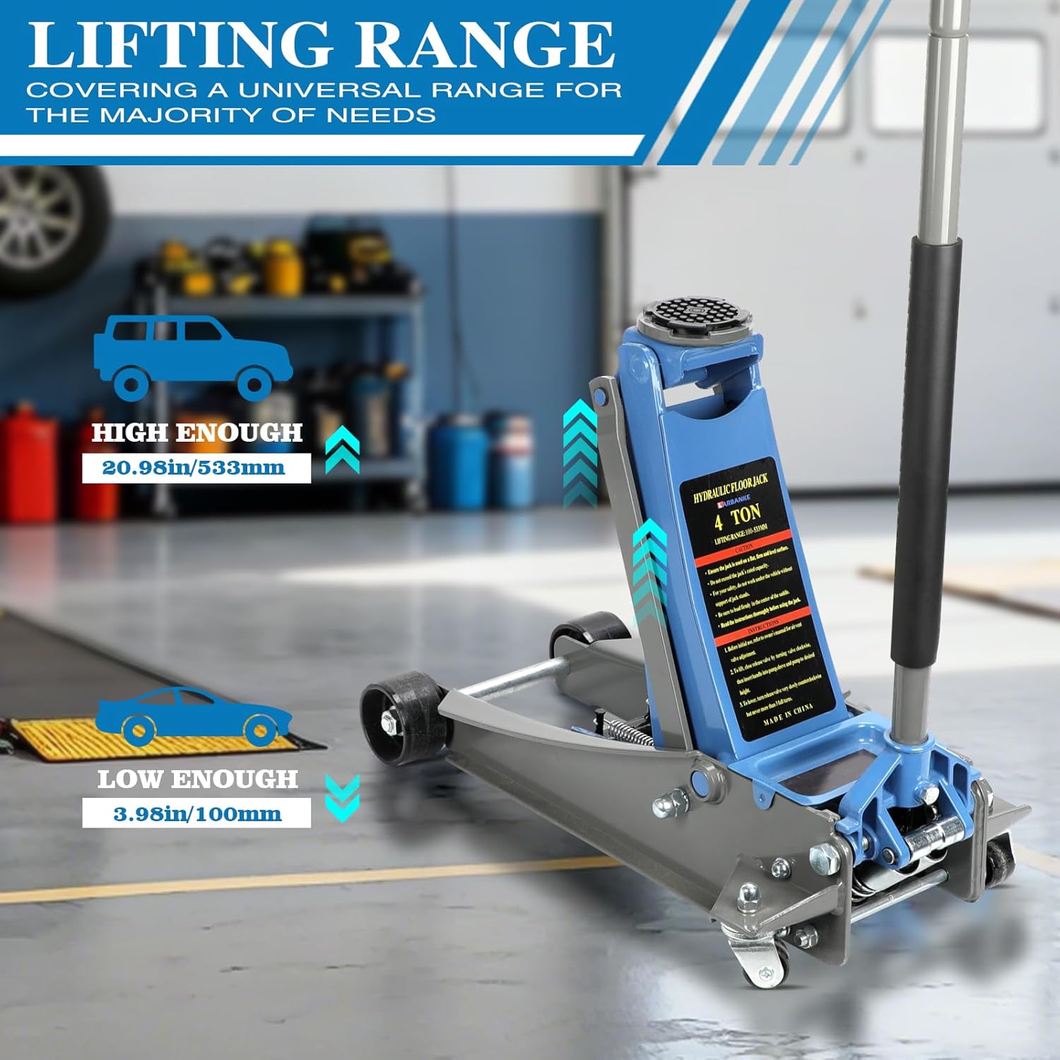 Larbanke 4-Ton Low Profile Double-Piston Hydraulic Floor Jack,Lift Range 3.93in-20.98in, with Rubber Pads, Suitable for Home and Workshop Automotive Maintenance of Various Vehicles, Blue