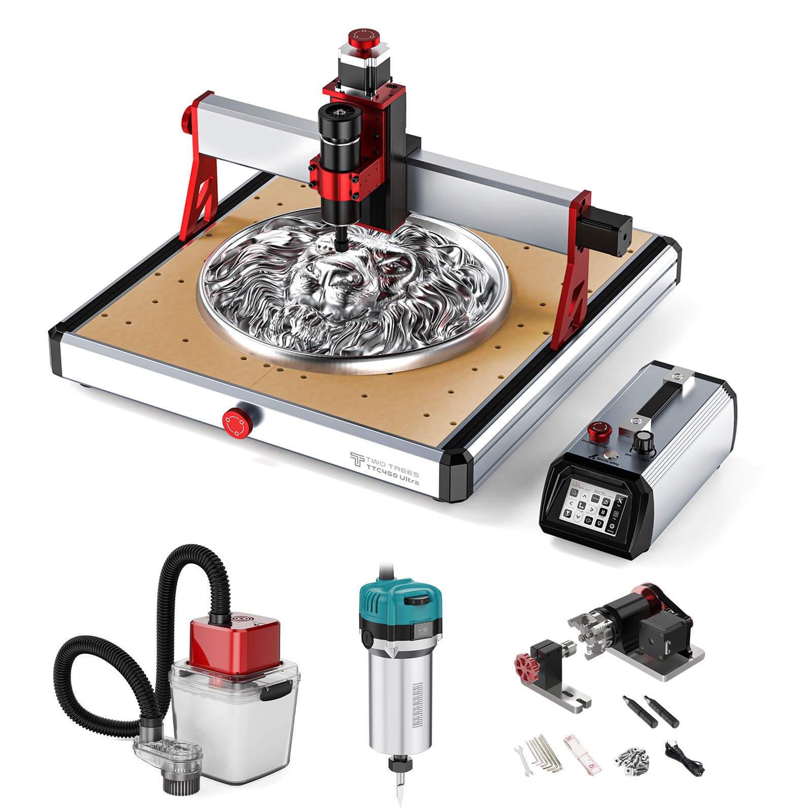 Twotrees TTC450 Ultra 500W CNC Fräsmaschine, 800W Frässpindel, M1 Staubabsaugung, CNC Drehachse, mit 3,5 Zoll Touchscreen Controller, CNC Gravurmaschine für Metall, Aluminium, Holz