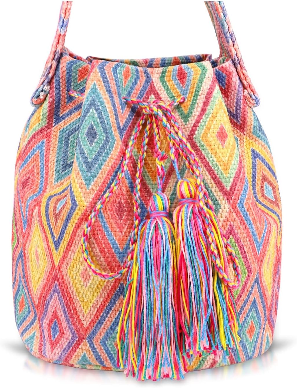Canvas Crossbody Bags for Women, Tassels Drawstring Bucket Bag, Bohemian Handbag, Colorful plaid Tote Bag Large Capacity Travel Shoulder Bag