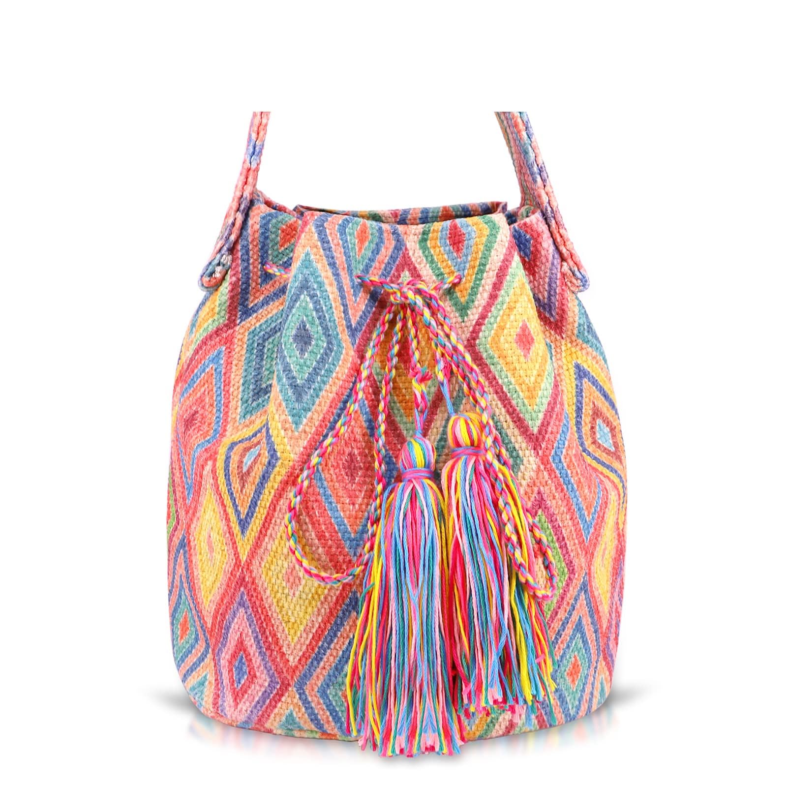 Canvas Crossbody Bags for Women, Tassels Drawstring Bucket Bag, Bohemian Handbag, Colorful plaid Tote Bag Large Capacity Travel Shoulder Bag